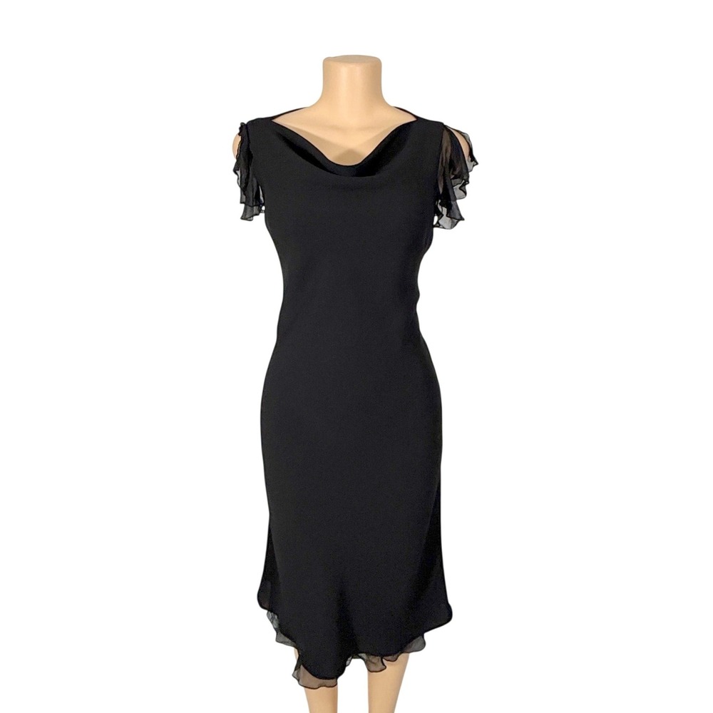 Xscape Cocktail Dress Womens 10 Black Excellent Cowl Neck Ruffle Sleeve Midi